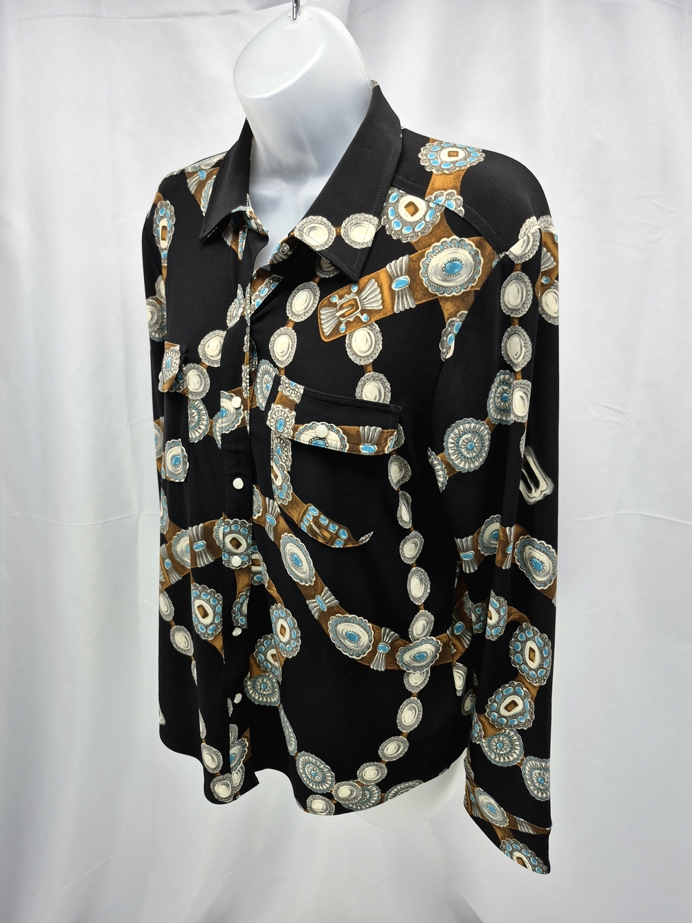 NWOT Lauren Ralph Lauren Black Southwest Concho Belt Print Button Down Blouse L